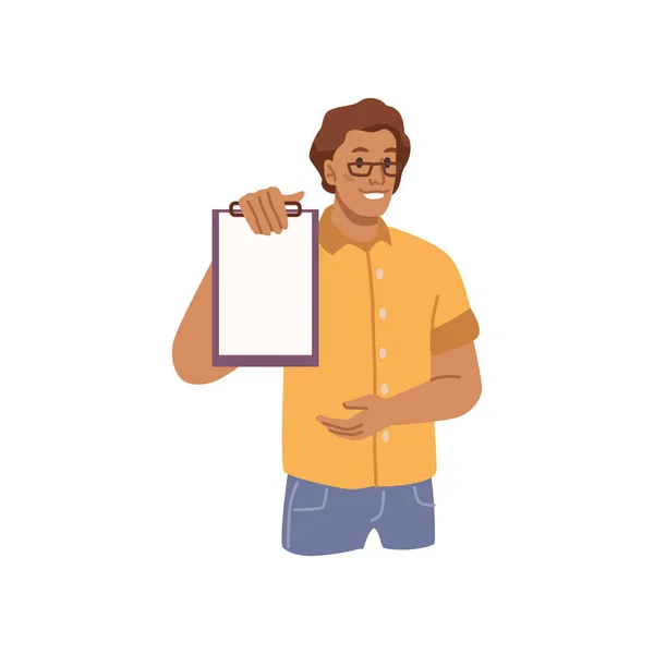 Hombre presentando idea en papel planificador de cuadernos — Vector de stock