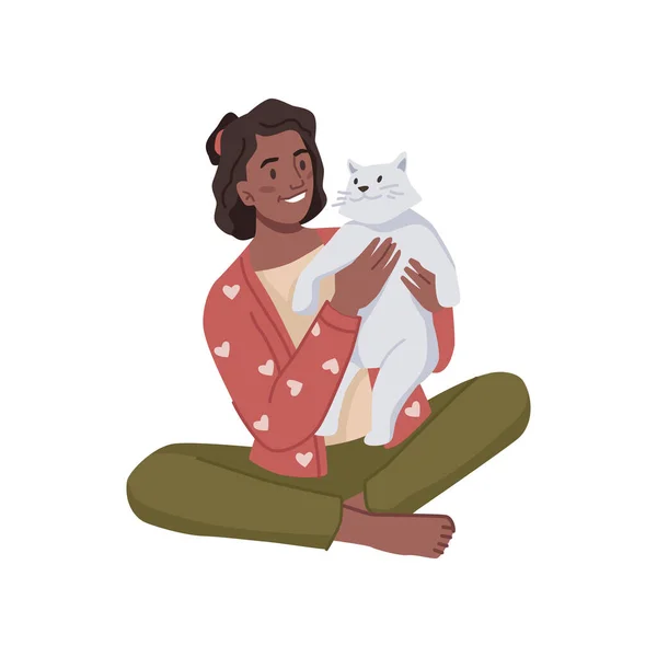 Женщина играет с кошкой женский персонаж с кошкой — стоковый вектор