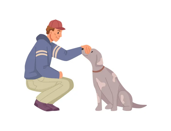 Hombre cuidando a perro, chico tocando animal canino — Vector de stock