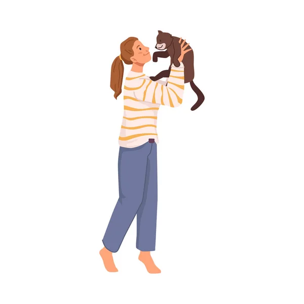 Mujer jugando con gatito, mujer cuidando de gato — Vector de stock