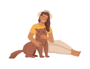 Genç bayan köpek, sahibi ve hayvan vektörüyle oynuyor.