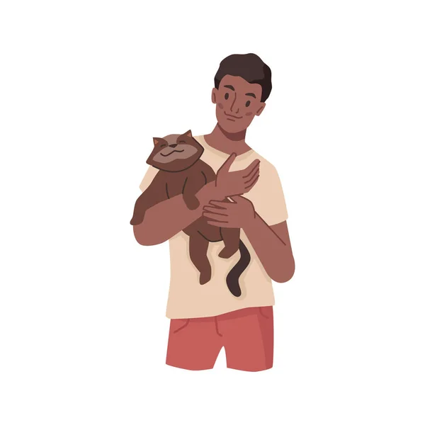 Teenage boy with kitten, man with cat on hands — Wektor stockowy