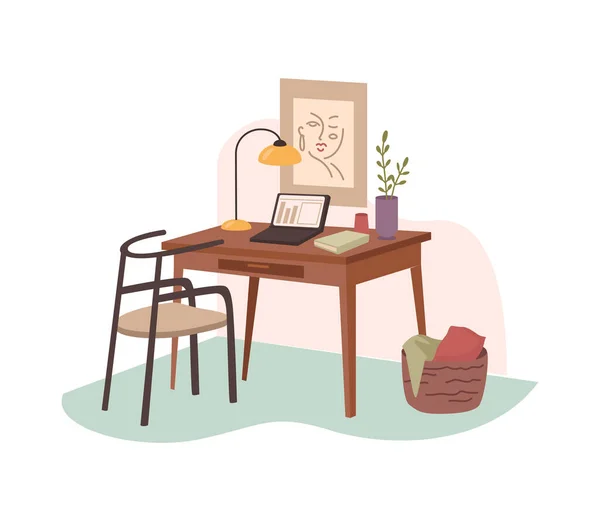 コンピュータと本とベッドルームホールのインテリアテーブル — ストックベクタ