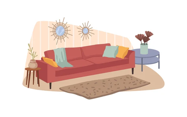Muebles en salón, mesa con jarrón, sofá rojo — Vector de stock