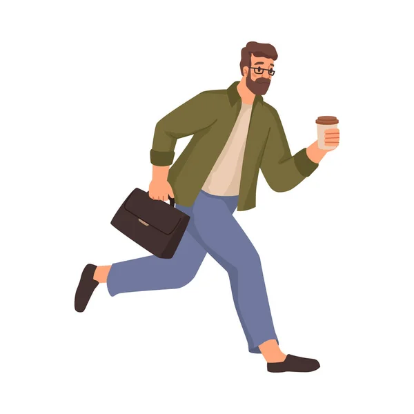 Uomo d'affari con valigia e caffè in fretta — Vettoriale Stock