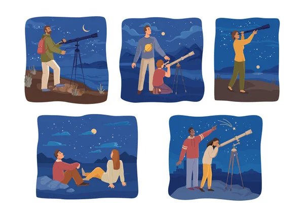 People watching starry sky using telescopes set — Stock Vector