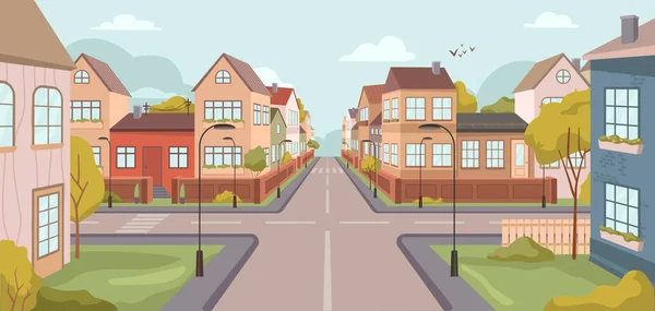 Rue de banlieue rangées de maisons et carrefour — Image vectorielle