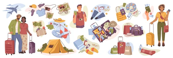 Personas de vacaciones, bolsa turística y viaje — Archivo Imágenes Vectoriales