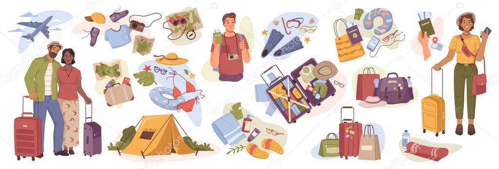 People on vacation, tourist bag and trip journey