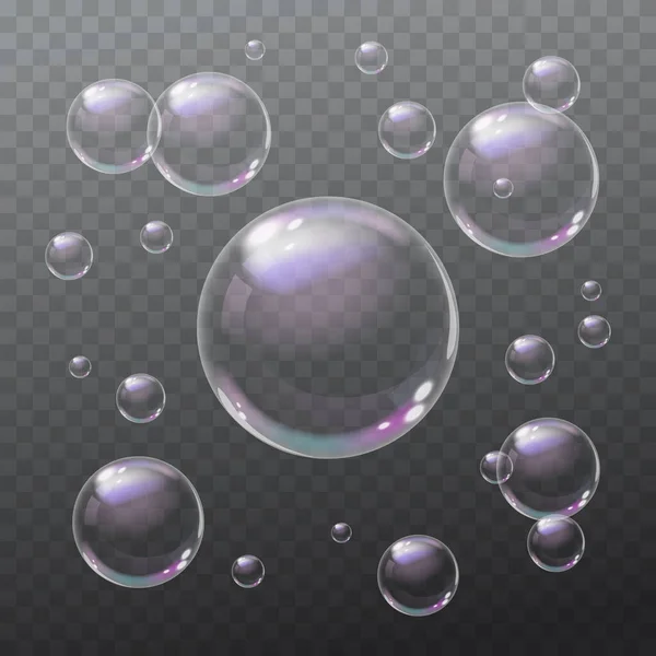 Set de mousse, bulles de savon volant fond transparent — Image vectorielle