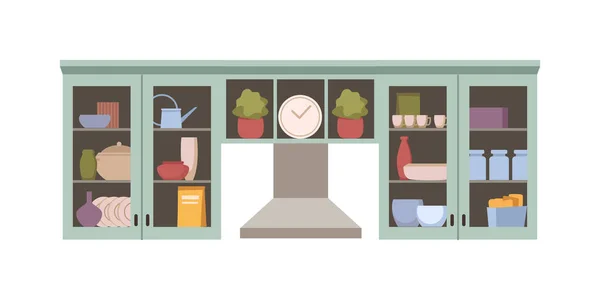 Gabinete interior de cocina y estantes decorativos — Vector de stock