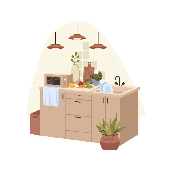 Kitchen interior furniture and decor, countertops — Stock Vector