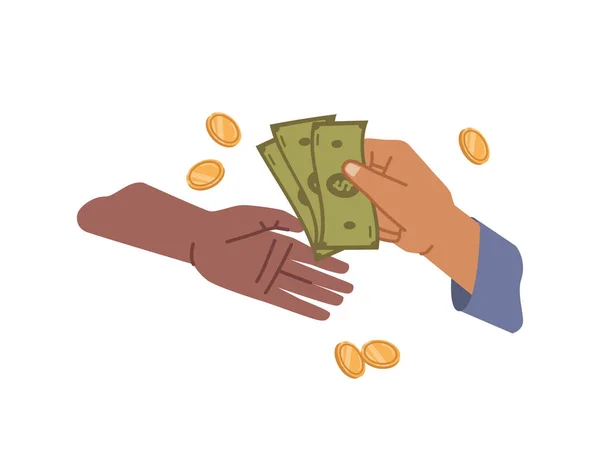 Bezahlen in bar, Dollarnoten und Münzen in der Hand — Stockvektor