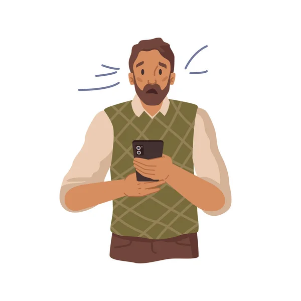 Людина зі смартфоном в руці шокована поганими новинами — стоковий вектор