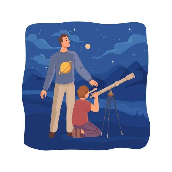 Man och barn tittar på stjärnhimlen genom teleskopet — Stock vektor