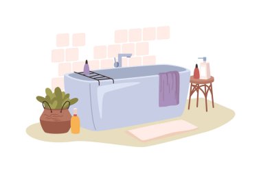 Temiz banyo, küvet ve aksesuarlar düz çizgi film tarzında. Modern banyo içinin vektör çizimi, çömleğe bitki, yere havlu ve halı. Yıkama ve temizleme şampuanları, musluk