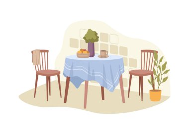Mutfak, yemek masası ve sandalyelerin iç tasarımı, evde ya da restoranda rahat bir ortam. Vazo, meyve, bir fincan çay. Çağdaş daire. Düz biçim illüstrasyonunda vektör