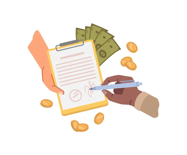 Signer Des Documents Bancaires Obtenir Crédit Payer Avec Argent Comptant — Image vectorielle