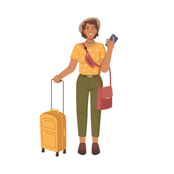 Personnage Féminin Avec Smartphone Sac Main Bagages Emballés Prêt Pour — Image vectorielle