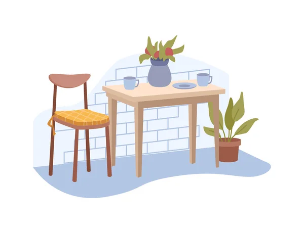 Ebédlő Vagy Konyha Belső Bútorok Kiegészítők Design Asztal Egy Csésze — Stock Vector