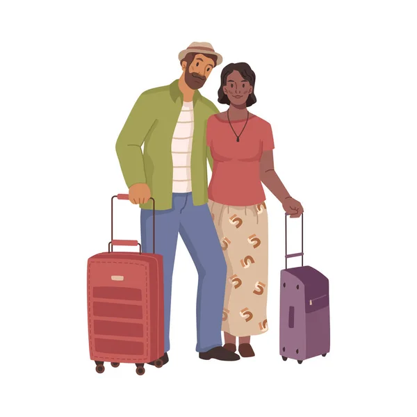 フライトや休息 休暇や旅の準備ができて荷物を持つ幸せなカップル レジャーやリラクゼーション 旅行や観光 荷物を持った男と女 フラット漫画のキャラクター ベクトルイラスト — ストックベクタ