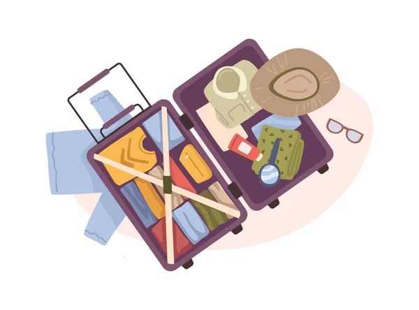 旅行のための荷物 個人所有の隔離されたバッグ 衣類やアクセサリー 化粧品や衛生上のローション 休暇中の休息のためのスタッフ 荷物を満載 平型ベクトル — ストックベクタ
