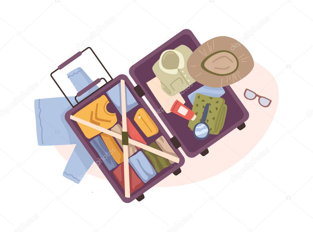 Luggage for traveling, isolated bag with personal belonging, clothing and accessories, cosmetics and hygiene lotions. Stuff for rest on vacation, packed baggage. Vector in flat style