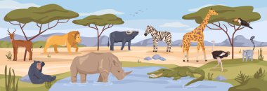 Afrika 'daki vahşi yaşam parkı, hayvanat bahçesi ya da hayvanat bahçesi, Afrika savanasında yaşayan hayvanlar için doğa rezervi. Aslan ve zebra, bufalo ve zürafa. Düz çizgi film, vektör illüstrasyonu