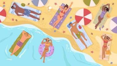 Erkekler ve kadınlar deniz kenarında dinleniyor, insanlar plajda yüzüyor ve bronzlaşıyor. Şişme yatakta bir adam, suda güneşlenen bir kız. Vector düz çizgi film yaz tatili ve boş zaman aktiviteleri