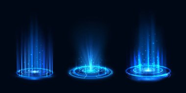 Fütürist hologram, gerçekçi ışınlanma portalları kuruldu. Işık aurasının ve parlayan hologramın vektör çizimi. Enerji çemberleri ve ışınları siyah arkaplanda. Geçit, sihirli ışınlanma ya da seviye etkisi