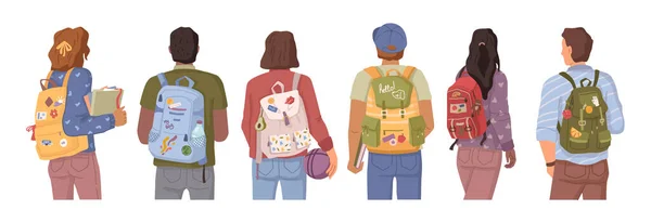 大学生或大学生在上学路上背着背包 身着休闲装 头戴背包的平面卡通人物的矢量后视镜 — 图库矢量图片