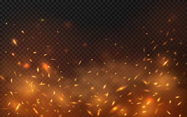 火は透明に背景を火花 ベクトル熱火花 メンバー燃焼シンダーと煙が空気中を飛んでいます かがり火からの輝きと火花と現実的な熱効果 燃える粒子を飛び越える — ストックベクタ