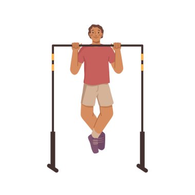 Vücut ve kasları güçlendirmek için egzersiz yapın. Dışarda spor yapan izole bir erkek, vücut geliştirme sporcusu. Düz çizgi film karakteri, vektör çizimi