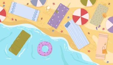 Kumda havlular, suda şişirilebilir yüzükler, yüzme aksesuarları. Sahil kenarında düz çizgi film vektör cenneti, boş bir sahil.