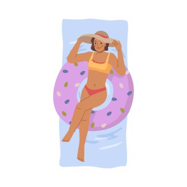 Bikini mayo giymiş genç bir kadın havuzda, denizde ya da okyanus suyunda, düz çizgi filmde güneş banyosu yapıyor. Güneş yanığı bir kız, yaz tatili.