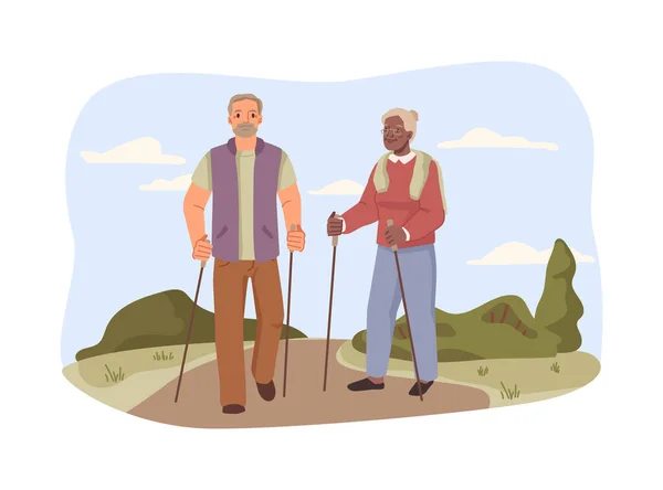 Γέρος Και Γυναίκα Περπατούν Ραβδιά Σκανδιναβών Ηλικιωμένοι Που Κάνουν Ασκήσεις — Διανυσματικό Αρχείο