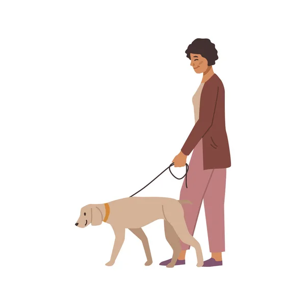 Woman Walking Dog Leash Isolated Flat Cartoon Character Vector Female — Stock Vector