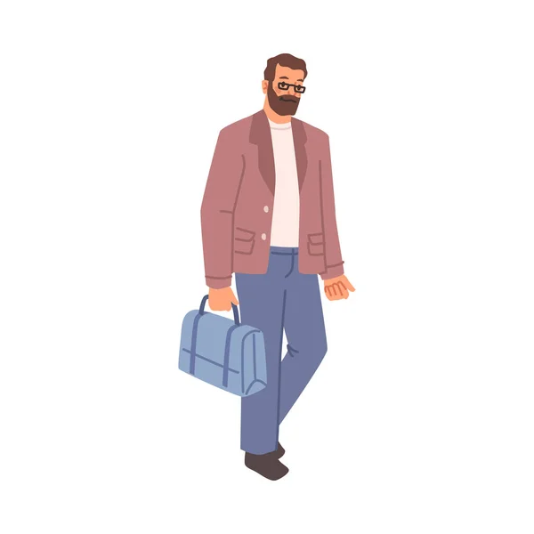 Bearded Man Ledig Duk Promenader Med Portfölj Vektor Illustration Platt — Stock vektor