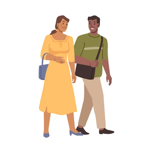 Pareja Feliz Hombre Mujer Caminando Juntos Personajes Dibujos Animados Planos — Archivo Imágenes Vectoriales