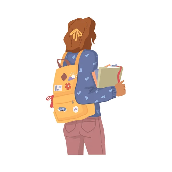 College University Student Girl Backpacks Books Her Way School Vector — Stock vektor