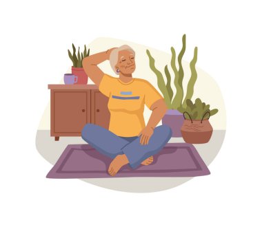 Büyükannem yoga yapıyor, yaşlı bir kadın evde egzersiz yapıyor ya da meditasyon yapıyor. Sağlıklı yaşam tarzı ve aktiviteler, sağlık ve spor. Vektör illüstrasyonu, düz çizgi film