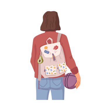 Sırt çantalı öğrenci, üniversite öğrencisi ya da elinde top olan üniversiteli kız. Sıradan giysili taşıyıcı kadın, düz çizgi film, sırt çantalı genç kadın.