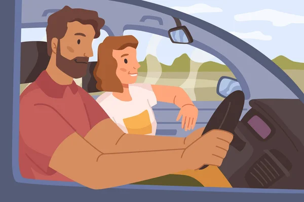 Hombre Mujer Conduciendo Coche Pareja Viaje Por Carretera Vacaciones Vacaciones — Vector de stock