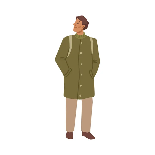 Человек Ходит Рюкзаком Успешный Человек Пальто Векторная Иллюстрация Плоского Персонажа — стоковый вектор