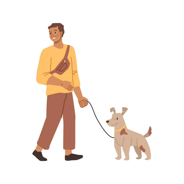 Homme Souriant Marchant Avec Chien Laisse Personnage Dessin Animé Plat — Image vectorielle