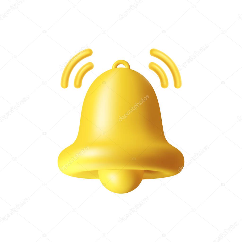 Yellow ringing bell realistic 3D reminder or notification sign. New chat, message in mailbox or subscription notice sign, information or email notification symbol