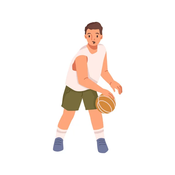 Joven Jugador Baloncesto Con Pelota Aislado Personaje Dibujos Animados Plana — Vector de stock