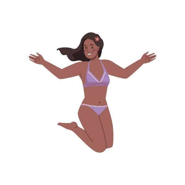 Gülümseyen Afro Amerikan Kadın Mayo Giymiş Karikatür Karakteri Yazlık Plaj — Stok Vektör