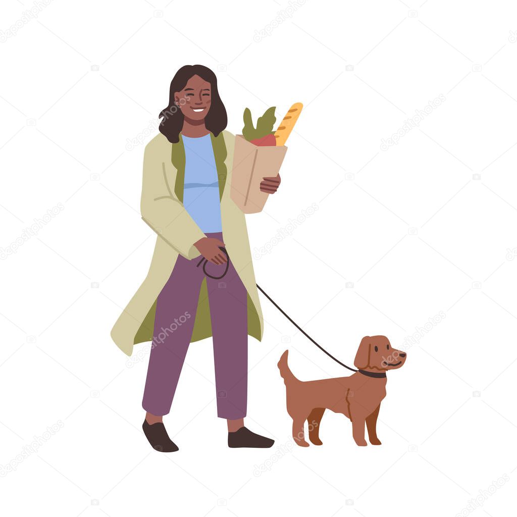 Woman walking with dog on leash, female with shopping pack full of products isolated flat cartoon character. Vector female with retriever, pet and owner walks together