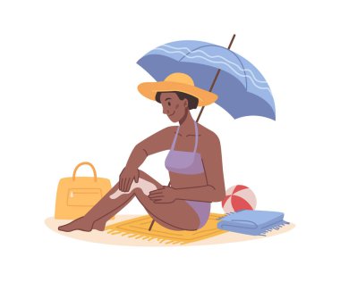 Sahilde bronzlaşırken deriyi korumak şemsiye altında güneş kremi sürerken ya da güneş kremi sürerken izole edilmiş bir kadın. Nemlendirici tedavisi olan bir kadın. Düz çizgi film karakteri, vektör çizimi